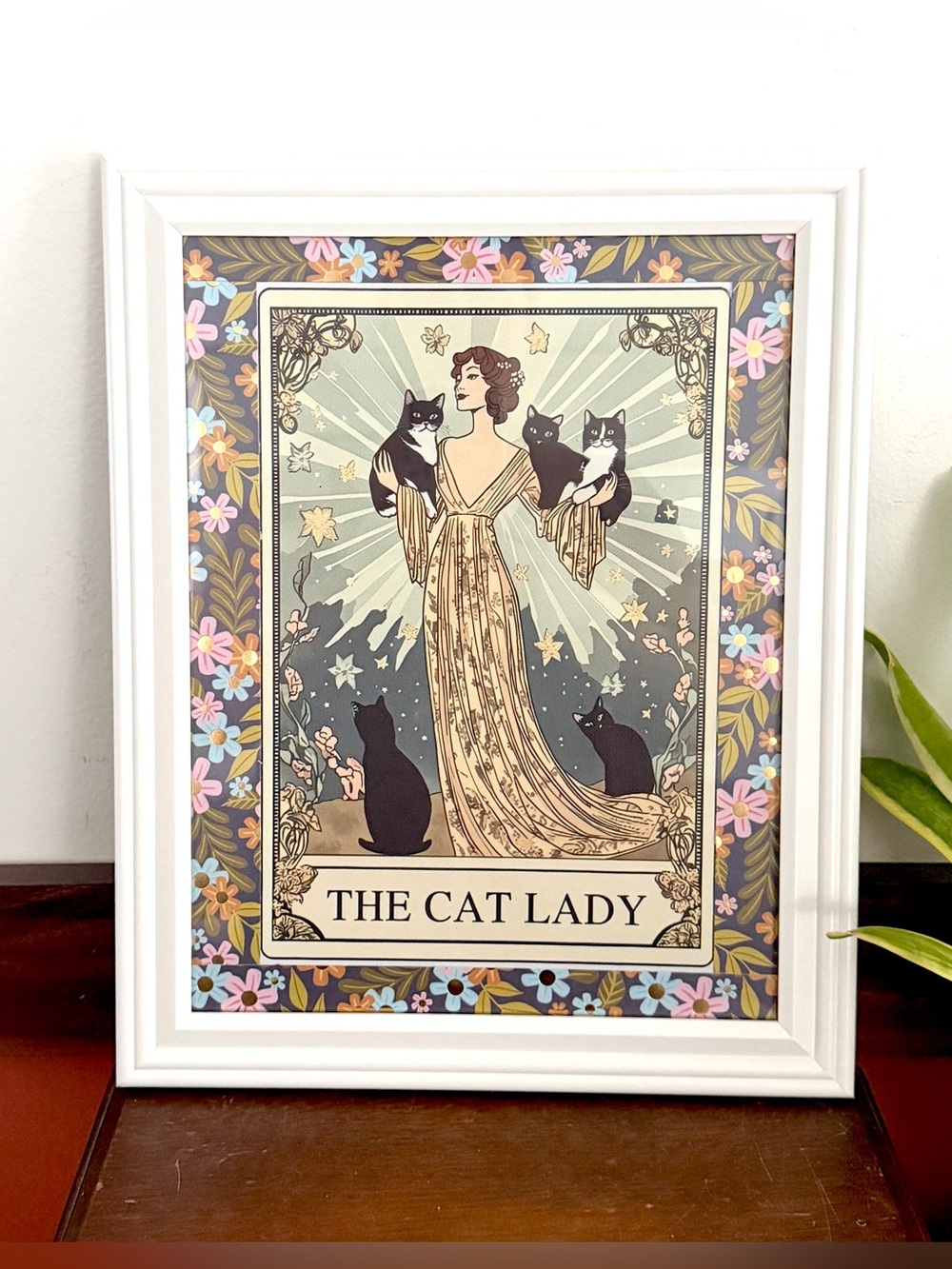The Cat Lady Tarot Card Vintage Style White Framed Wall Art Print Canvas 12x15”